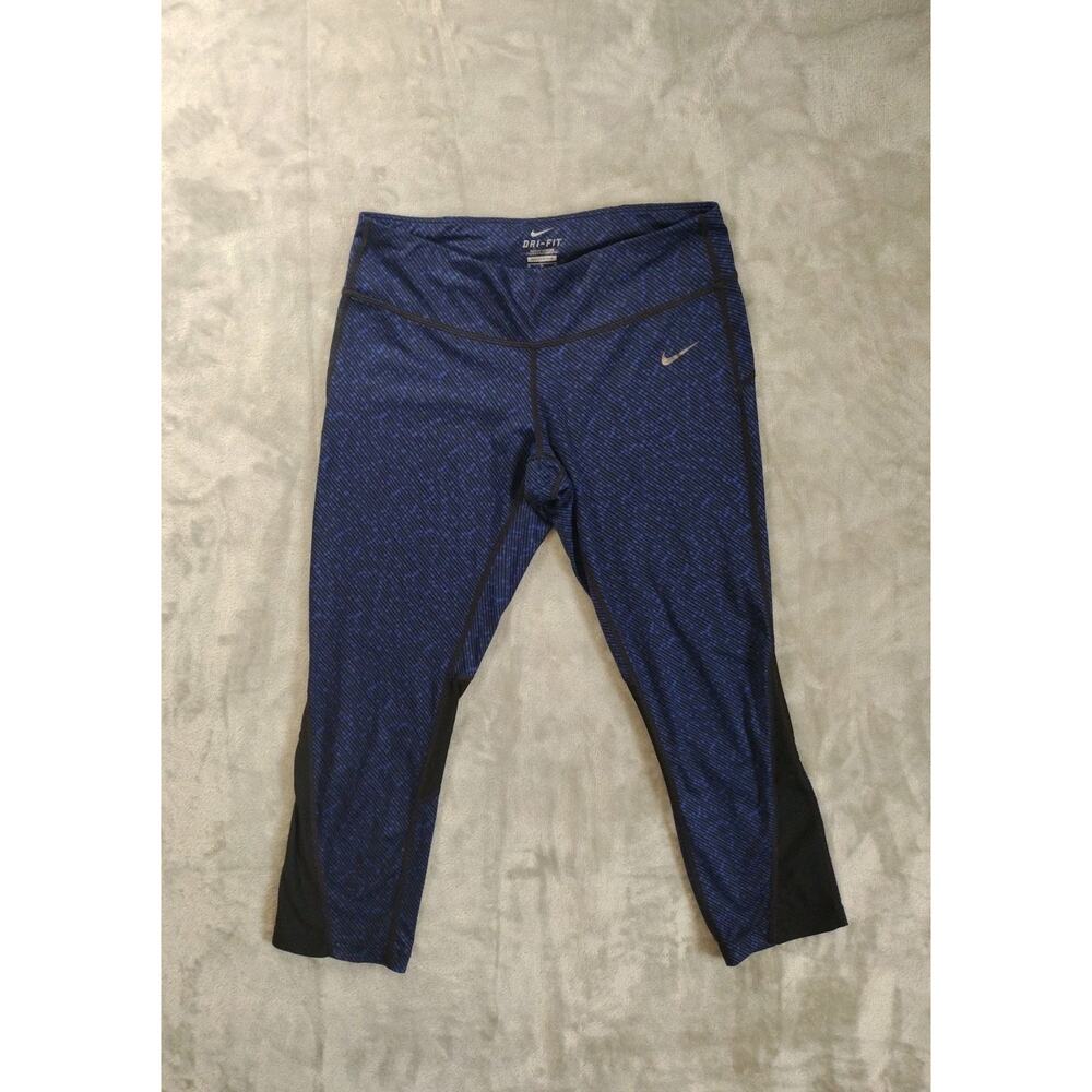 Nike Dri Fit Crop Leggings Womens M Running Black Blue Limited Edition Pattern